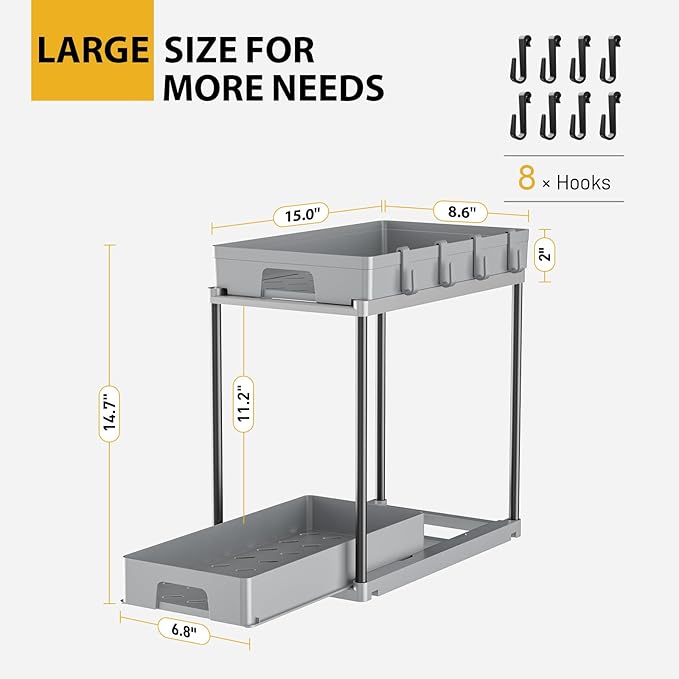 Delamu Under Sink Organizers and Storage, 2 Pack Pull Out Kitchen Bathroom Cabinet Organizer, 2 Tier Grey Under Sink Storage for Bathroom Kitchen