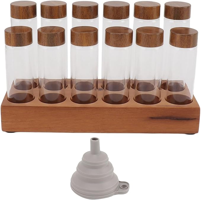Coffee Bean Storage Tubes Single Dose, 6PCS or 12PCS Coffee Bean Cellar, Dosing Glass Vials with Lids, Wooden Display Stand and Funnel, Airtight Sealed Glass Canister Jars Tubes