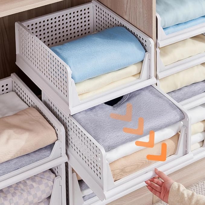 yazi 5XL Stackable Plastic Storage Basket,Closet Storage Bins for Clothes Sweater Organizer for Closet Folding Closet Organizers and Storage Closet Shelf Storage Container for Cupboard Bedroom