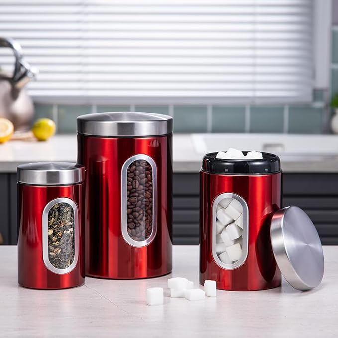 Transparent Red Canisters Sets of 3 Pieces For The Kitchen,0.9/1.6/2.9 Quarts Stainless Steel Coffee Sugar Tea Candy Storage Jars with Window for Home Kitchen Decoration and Accessories