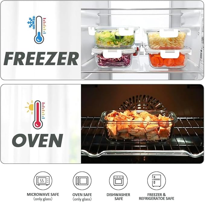 VERONES 24 Pieces Glass Food Storage Containers Set, Airtight Glass Lunch Containers, Glass Meal Prep Containers with Lids,Exclusive of BPA, for Microwave, Oven, Freezer & Dishwasher Friendly,White