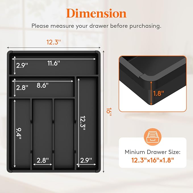 Lifewit Silverware Tray, Deep Wide Cutlery Drawer Organizer Storage for Kitchen, Plastic Flatware Utensil Holder Divider for Spoons Forks Knives Tableware, 6 Compartment, Black