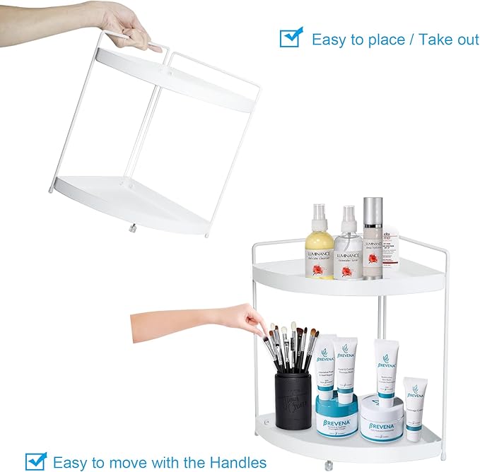 2 Tier Corner Shelf Rack Kitchen Counter Cabinet Bathroom Organizer Makeup Cosmetic countertop Organization and Storage Under Sink Organizers Perfume Trays for Dresser White