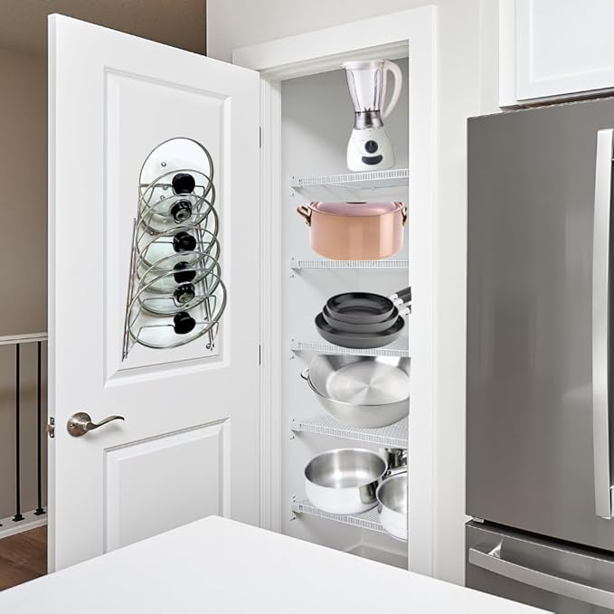 Evelots 6-Tier Pot Lid Organizer Rack for your Kitchen Cabinet Door/Wall - Fits Most Glass and/or Pan Covers - Kitchen Storage - No More Mess in your Cabinets and/or drawers - Rustproof -Chrome Finish