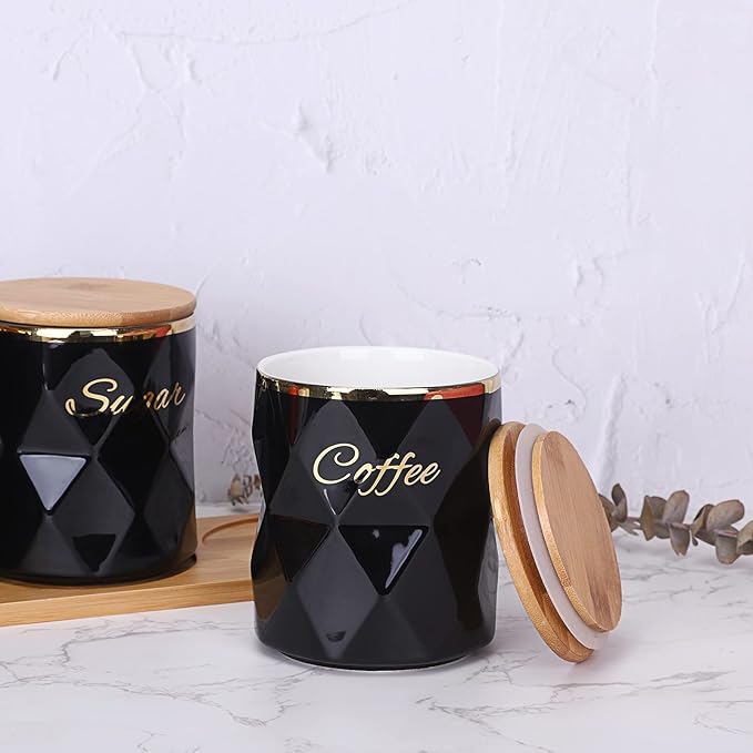JUXYES Ceramic Canisters Set for Sugar Coffee Tea, Luxurious Storage Containers Set with Lids Decorative Storage Pots Black Storage Jar for Kitchen Counter Dining Room