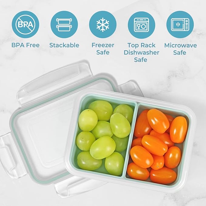 carrotez Food Storage Containers with 2 Removable Compartments, Snack Containers with Airtight Lids, Portion Control, BPA Free, Reusable, 2 Cup (480ml)