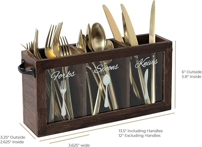 BLU MONACO Espresso Wooden Cutlery & Utensil Caddy – Silverware Organizer Bin for Forks, Spoons, Knives – Perfect for Kitchen Countertop