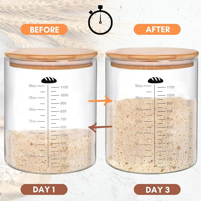 50oz Sourdough Starter Jar Glass with Recipes, Sourdough Starter Kit, Large Capacity Wide Mouth Glass Jar with lid, Sourdough Bread Baking Supplies