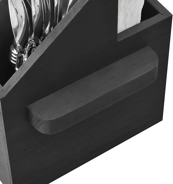 Ikee Design Wooden Utensil Caddy with Handles, Silverware Caddy, Silverware Holder for Countertop,Party,Camping and Kitchen, Organizer, Picnic Cutlery Holders, Black Color