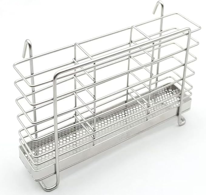 Utensil Holder, 304 Stainless Steel Rust Free Cutlery Utensil Holder, 3 Divided Compartments Silverware Organizer Rack, with Hooks Removable Drying Rack for Kitchen Organization(Silver)