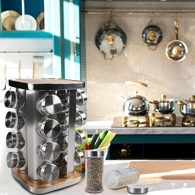 Revolving Countertop Spice Rack, 16 Jars Stainless Steel Rotating Seasoning Storage Organizer for Cabinet, Spice Carousel Tower for Kitchen
