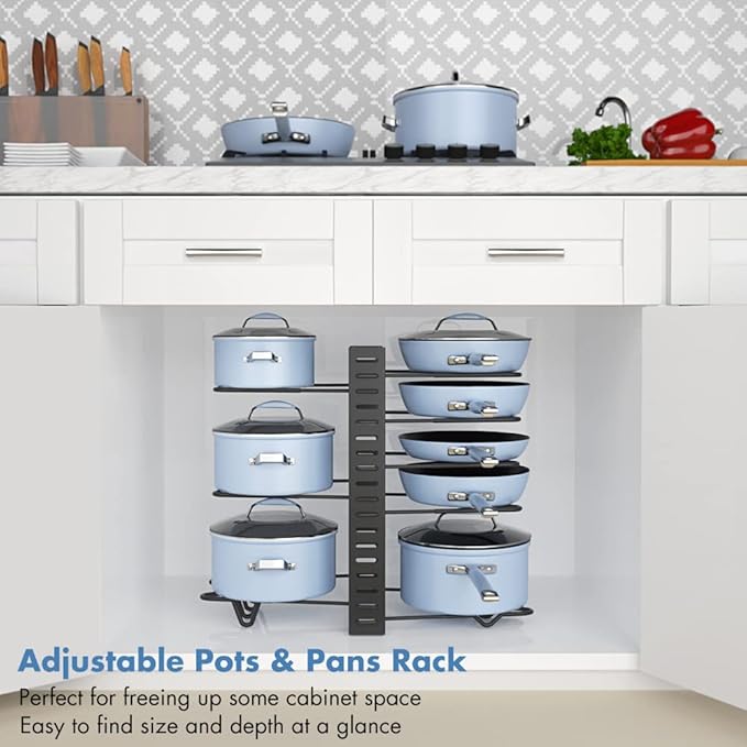Adjustable Pots and Pans Organizer Rack for Cabinet, Metal Pans Pots Lids Storage Holder Rack with 3 DIY Methods for Kitchen, Counter,Black