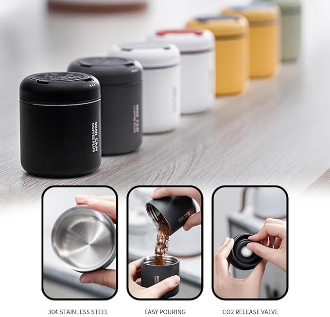 watchget Portable Mini Airtight Coffee Canister - 80ml Stainless Steel Coffee Bean Storage with CO2 Releasing Valves, Compact and Travel-Friendly Container for 30-35g Beans, Grounds, Light Dark
