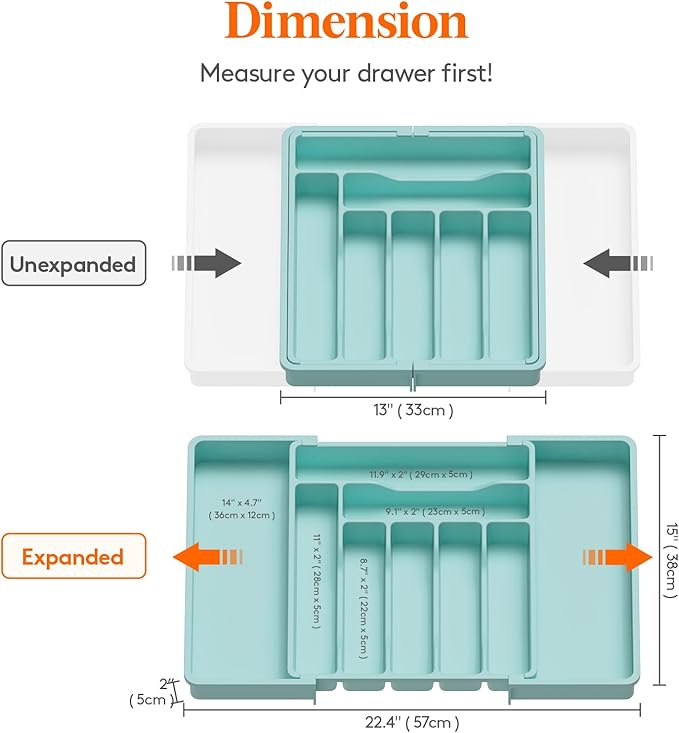 Lifewit Silverware Drawer Organizer, Expandable Utensil Organizer for Kitchen Drawers, Adjustable Cutlery and Flatware Tray, Plastic Spoons Forks Knives Holder Storage Dividers, Large, Turquoise