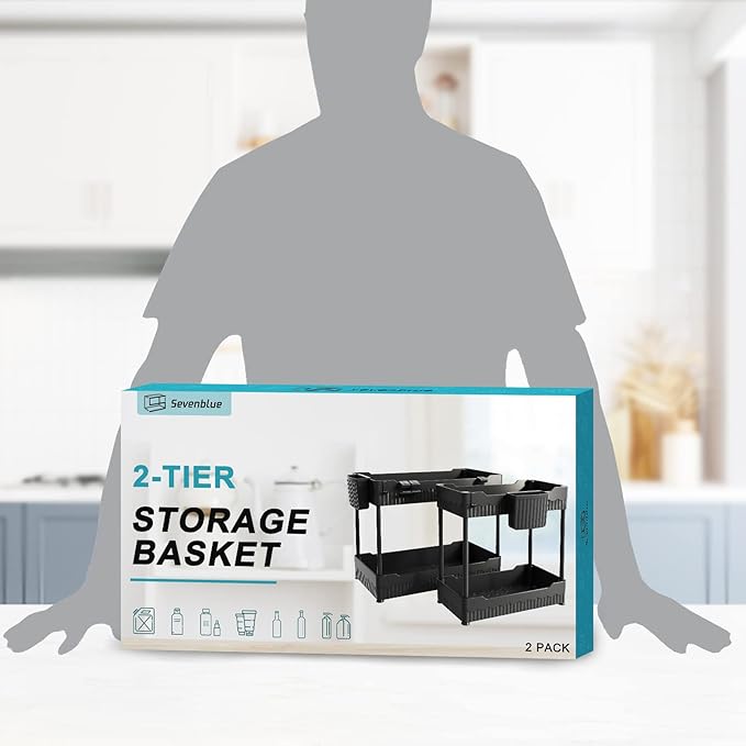4 Pack Under Sink Organizers and Storage,Under Bathroom Cabinet Organizer with Hooks Hanging Cup,Multi-Purpose Storage Shelf for Kitchen Bathroom,Black (4 Pack Black)
