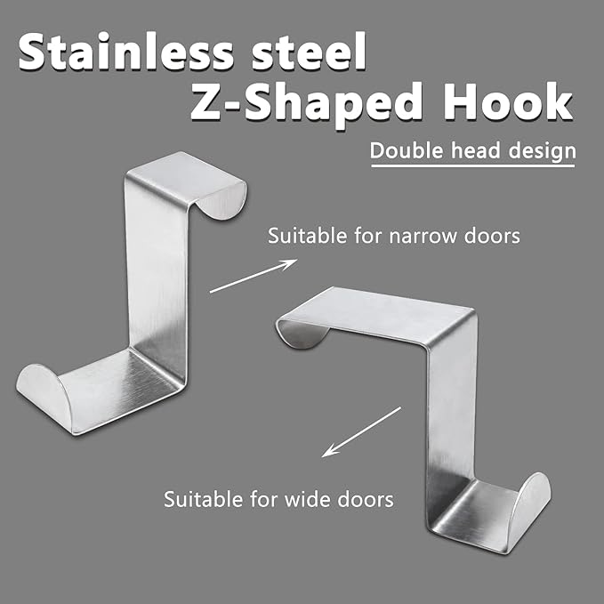 10 Pcs Over The Door Hooks Z-Shaped Hanging Hooks Dual Head Fits 3/4" and 1-1/2" Door Widths, Stainless Steel Reversible Single Hanger Hook for Door, Kitchen, Cabinet, Cupboard, Drawer