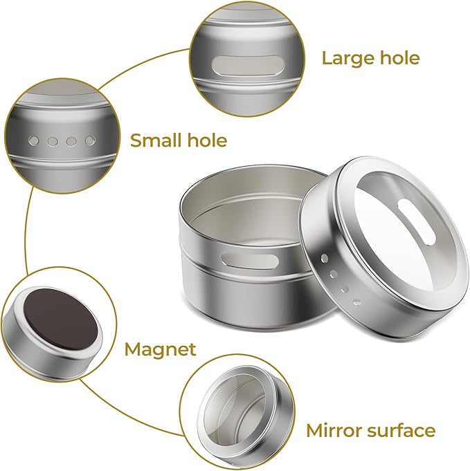 Set of 16 Magnetic Spice Tins with 4 Metal Wall-Plates,100 Preprinted Seasoning Label Stickers,2 Styles for 3 oz Herb Jars