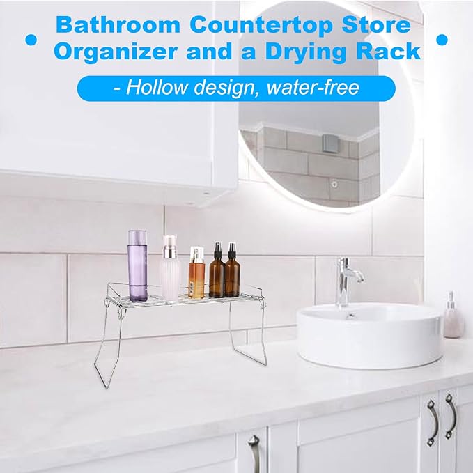 CYEAH 2 Pcs Metal The Sink Vanity Organizer, Metal Over The Sink Organizer Shelf Rack, Foldable Pantry Shelf, Spice Rack for Cabinet, Under Sink Countertop Organization Storage Space Save