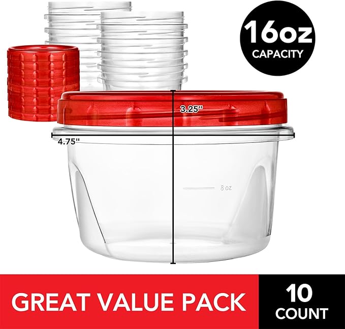 16oz Plastic Containers with Red Twist Top Lids (10 Pack) – 2-Cup Freezer Containers for Leftovers, Airtight Reusable Soup Storage, Microwave & Dishwasher Safe