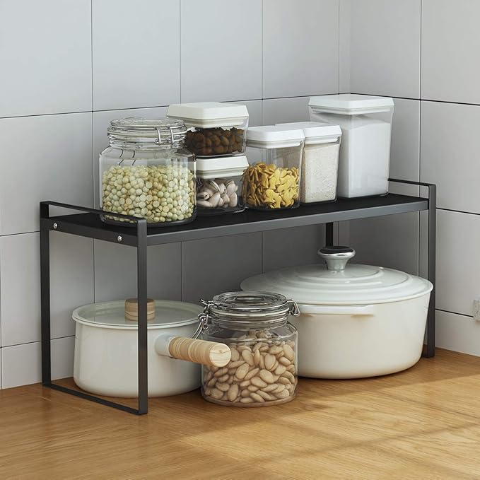 ideaglass Countertop Organizer, Cupboard Stand Spice Rack, 20" Cabinet Pantry Shelf, Organization and Storage For Kitchen Bathroom, Metal Plate Black