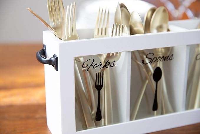 BLU MONACO White Wooden Cutlery & Utensil Caddy – Flatware Organizer Bin for Forks, Spoons, Knives – Perfect for Kitchen Countertop