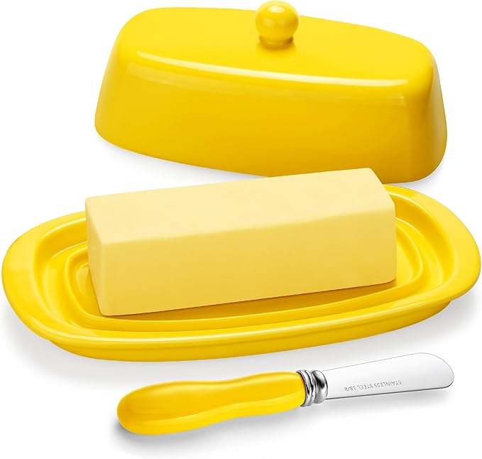 Yedio Ceramic Butter Dish with Lid for Countertop Refrigerator, 8 Inch Butter Holder with Porcelain Cover Knob Handle for East West Coast Butter Stick, Yellow