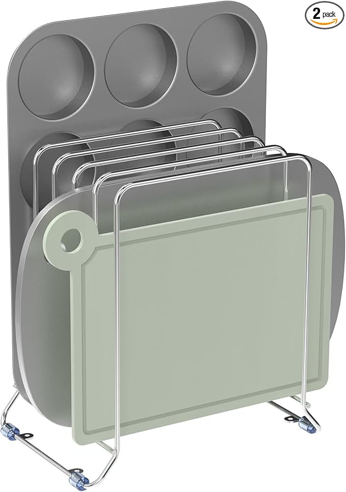 2 Pack-X-Large Kitchen Cabinet Organizer - Storage Tray Organizer Rack for Kitchen Cabinet - Divided Holder with 5 Slots for Skillets, Cutting Board, Baking Sheets(Chrome)