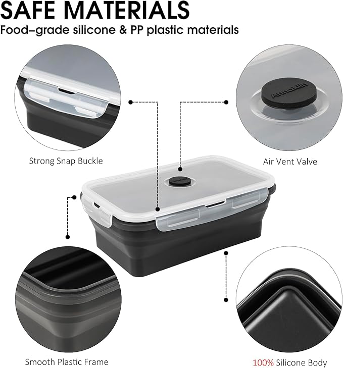 Collapsible Food Storage Containers with Lids, 8 Pack, 40 oz Silicone 1-Compartment Meal Prep Containers Reusable, Lunch Bento Boxes for Adults, Microwave Freezer Dishwasher Safe, BPA-Free, Black