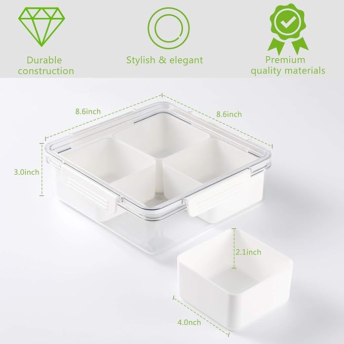 Fruit Storage Container with 4 Removable Compartments – Stackable Snackable Box Containers for Fresh Fruits, Veggies, Snacks, and Salads – Airtight Fridge Organizer for Home & On-the-Go Use