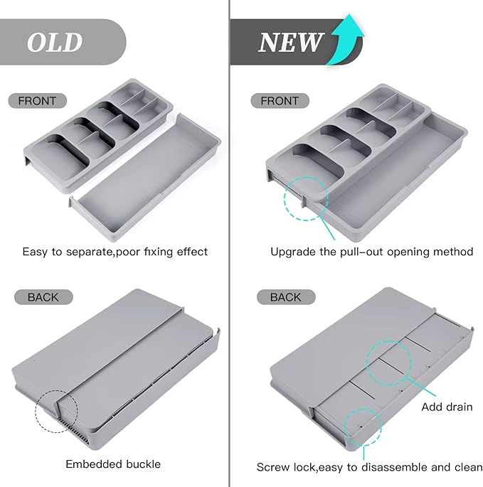 Faridabio Silverware Drawer Organizer Set of 2, Expandable Cutlery Tray for Kitchen, Adjustable Utensil Tray Cutlery Holder, Compact Plastic Storage for Spoons Forks Knives, Grey