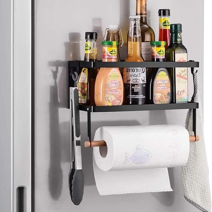Magnetic Spice Rack for Refrigerator Magnetic Paper Towel Holder for Fridge Magnetic Shelf Magnetic Shelves 2 Hooks Fridge Magnet Organizer Spice Rack Seasoning Organizer Kitchen Storage