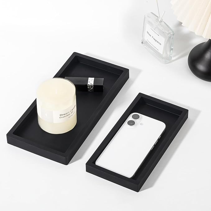 Small Silicone Bathroom Vanity Tray Rectangle Soap and Sponge Holder Kitchen Sink Organizer for Scrubber, Lotion Bottles, Perfume, Jewelry, Candle, Key Trinket Ring, Black