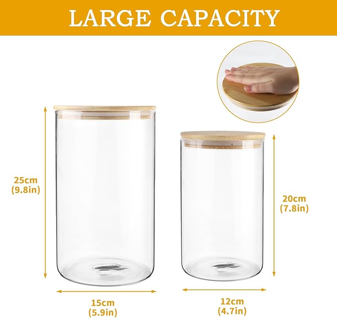 2 Pack 140oz+40oz Glass Food Storage Jars with Bamboo Lids Airtight, Clear Glass Storage Containers Food Canisters for Flour, Candy, Cookie, Nuts, Kitchen Pantry Organization Jar, BPA Free