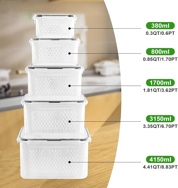 5 Pcs Fruit Storage Containers for Fridge, Airtight Fridge Organizer Bins with Vent Handle Lids, Keep Food Fresh Longer, Dishwasher Safe (Large, 4150ml)