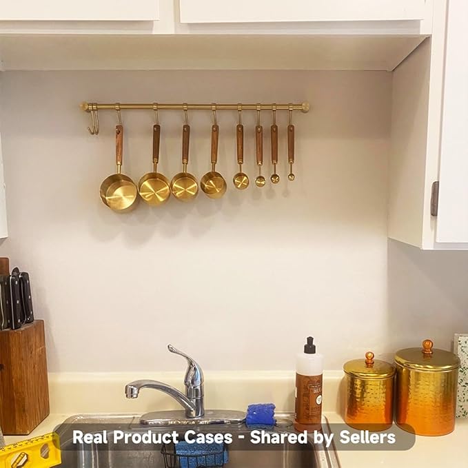 304 Stainless Steel Kitchen Utensil Hanger - 30 Inch Wall Mount with 15 Noiseless Sliding Hooks, Pots and Pans Hanging Rack, Organizer Storage Perfect for Organizing Cooking Tools, Golden
