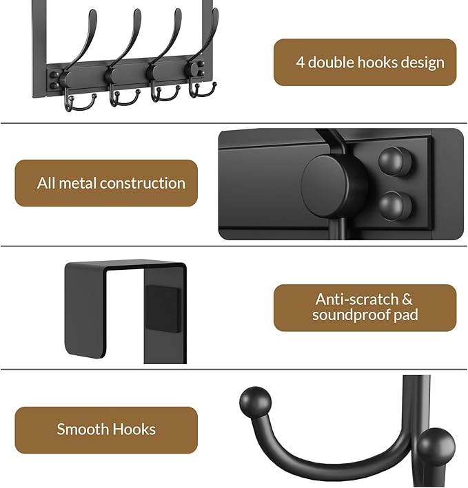 2 Packs Over The Door Hooks with 4 Tri Hooks, Heavy Duty Over Door Hanger for Bathroom Closet Bedroom Kitchen Dorm Room, Towel Coat Rack Home Organizer for Hanging Clothes Coat Hat Jacket (2, Black)