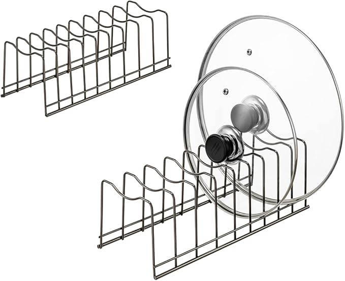 Pot Lid Organizer, Stainless Steel Pot Lid Storage Rack Holder, Cutting Board, Bakeware, Pots & Pans, Serving Trays, Reusable Containers in Cabinet Pantry on Countertop(Satin Nickel, 2)