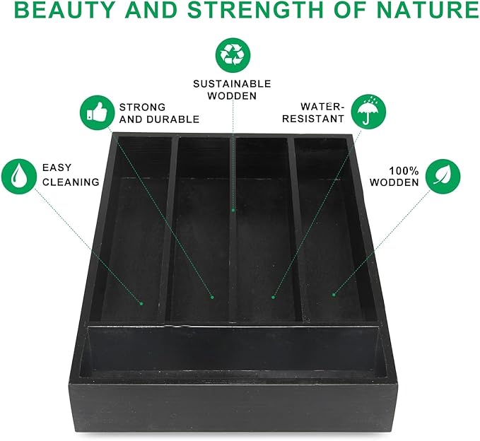 Small Kitchen Utensil Organizer Wooden Cutlery Tray Narrow Wood Silverware Holder Drawer Divider Flatware Organizer Storage Silverware Utensils Tray Black Bamboo Spoon Cutlery Organizer for Drawer
