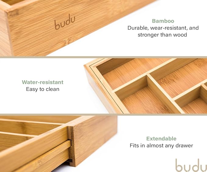 budu Silverware Drawer Organizer #18.5" Depth – Utensil Holder, Kitchen Drawer Organizers for Flatware, Cutlery – Perfect Utensil Organizer for Silverware & Other Kitchen Organization Tools & Storage