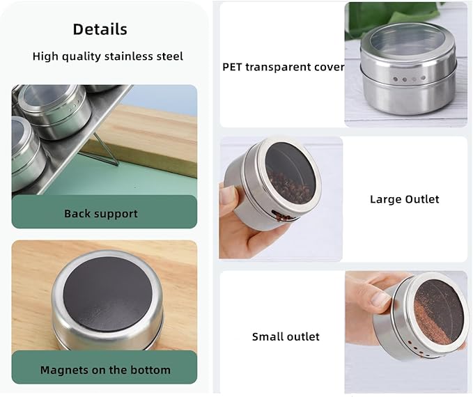 XZJMY Set of 4 Magnetic Spice Tins with Metal Wall-Plates,Stainless Steel Spice Container Storage Box with Transparent Lid for Storing Herbs, Spices and Other Seasonings