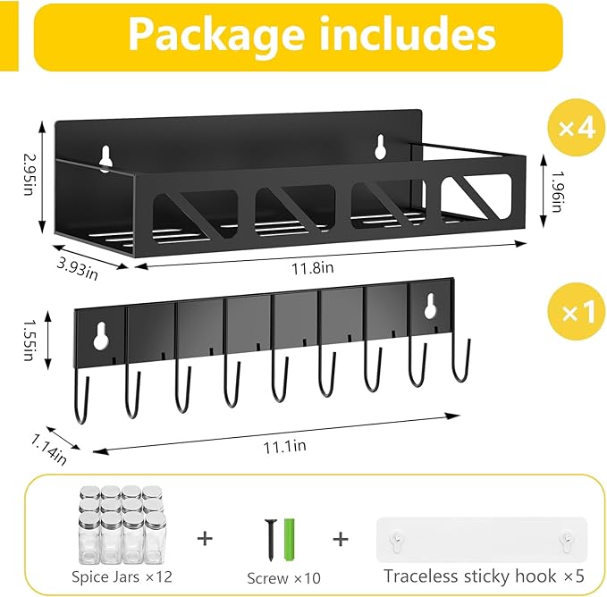Magnetic Spice Rack Organizer for Fridge Seasoning Organizer for Kitchen storage with Screw or Adhesive Hanging,Magnetic Shelf with Hook for Refrigerator and Oven (Black-12jars, 4pack)