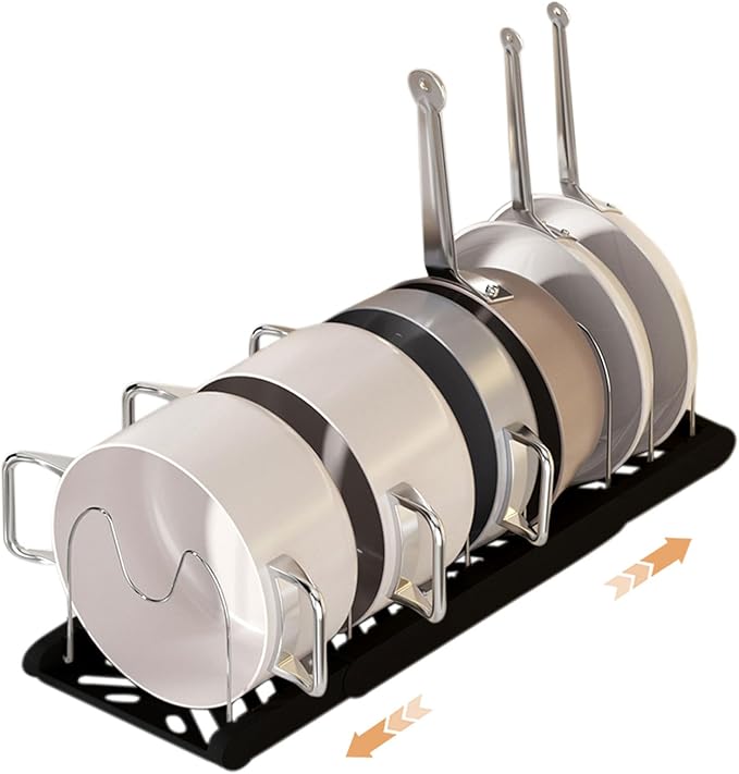Pot Rack -Expandable Pan Organizer for Cabinet,Pot Lid Holder with 7 Adjustable Compartment for Kitchen Cabinet Cookware Baking Frying Rack,Black