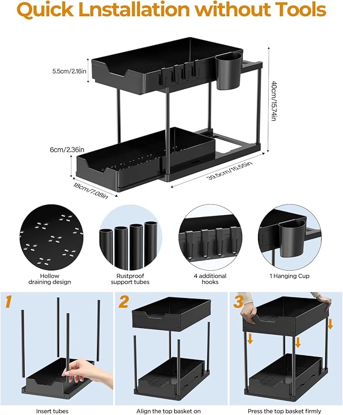 Under Sink Organizers and Storage Bathroom Organizer, 2 Tier Under Sliding Kicthen Cabinet Basket Organizer with Hooks, Hanging Cup, Dividers, Handles, Multi-purpose Under Sink Shelf Organizer