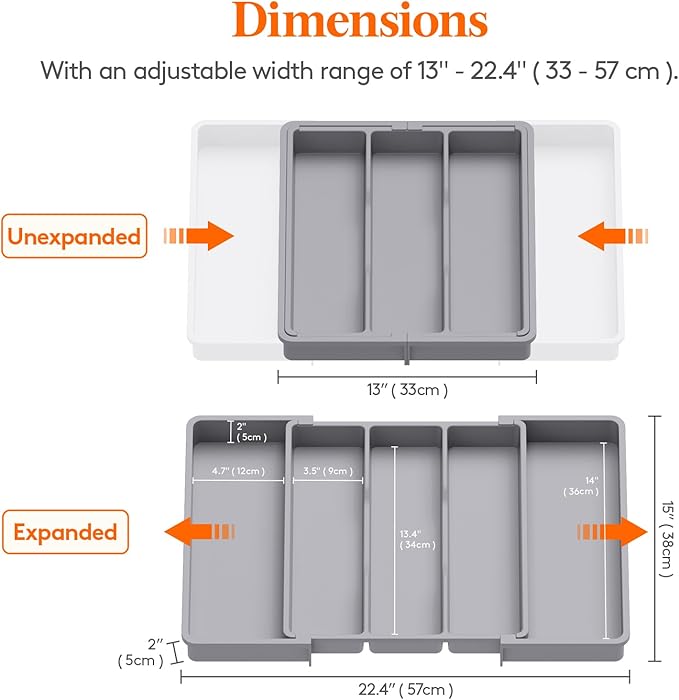 Lifewit Utensil Organizer for Kitchen Drawers, Expandable Cooking Utensil Tray, Adjustable Cutlery Silverware Flatware Holder, Plastic Kitchen Spatula Tools and Gadgets Storage Divider, 2 Pack, Gray