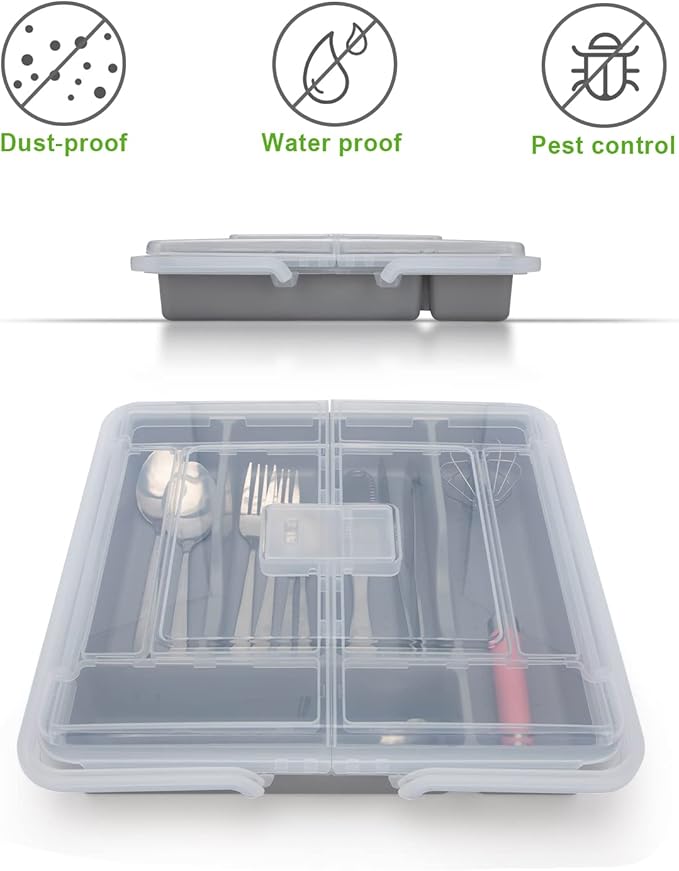 Silverware Organizer with Cover, Portable Cutlery Holder Flatware Tray with Lid Plastic Silverware Storage Box 5 Compartments for Kitchen Drawer (grey)