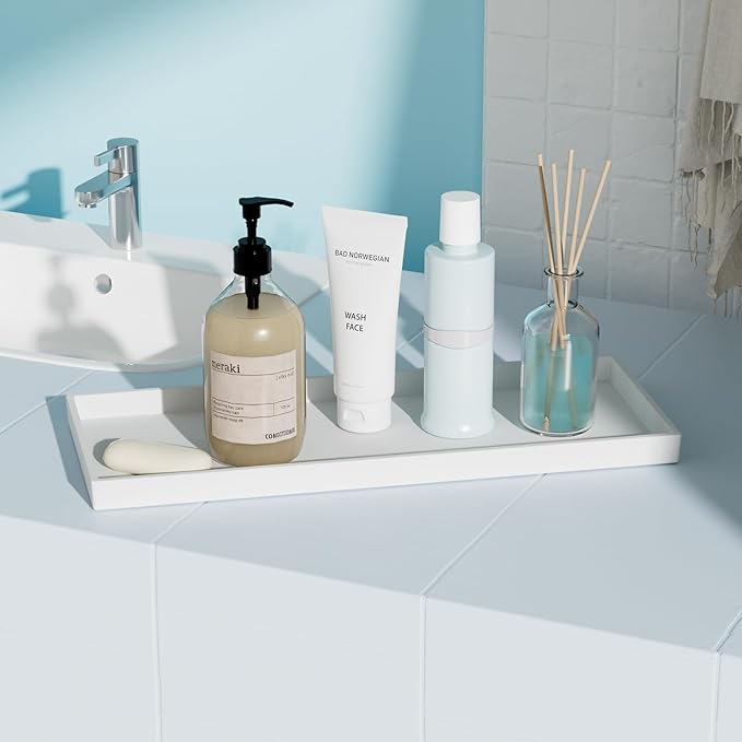 Vanity and Bathroom Tray, 15" ABS Countertop Organizer,Waterproof Vanity Tray for Toilet Tank,Perfume,Soap,Keys,Bathroom Accessories,Kitchen and Bath Trays,Non Slip Small Trays,White,2 Pack