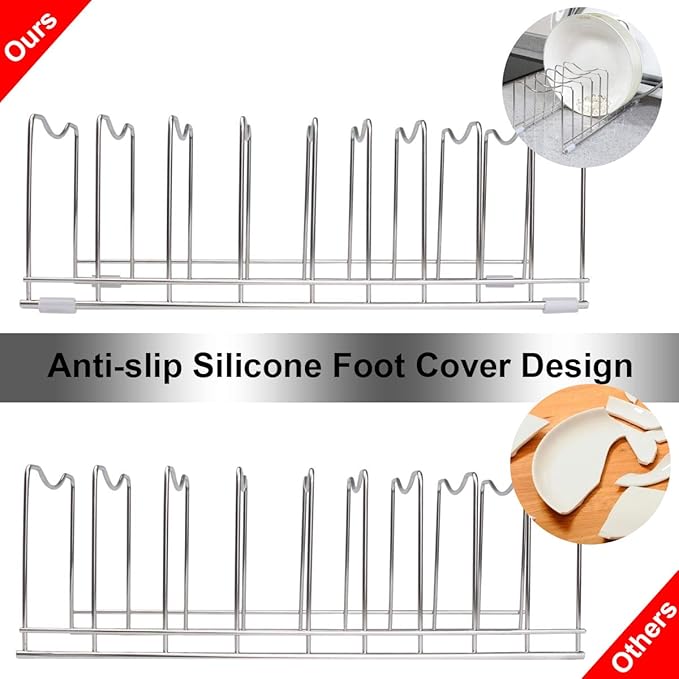 Pot Lid Organizer, Pot and Pan Lid Holder Kitchen Pot Lid Rack, Best Organization Tool Suitable for Baking Pan, Cutting Board, Trays (2 PCS, 8 Silicone Foot Covers)