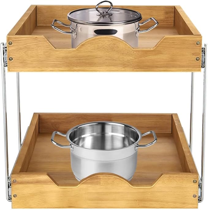 DINDON 2 Tier Pull Out Cabinet Organizer (20" W x 21" D) Wood And Metal Double Tier Slide Out Wood Drawer Under Cabinet Storage Organization