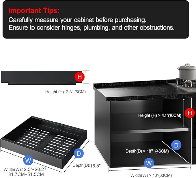 Pull Out Cabinet Organizer, Expandable (12.5”-20.27") Drawer Organizer, Pot and Pan Organizer for Under Cabinet, Pantry Kitchen Organizers and Storage Pan Organizer Storage Drawers(Black, 1PC)