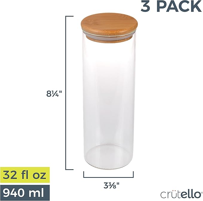 Glass Food Storage Containers with Bamboo Lids, 3 Pack - 32 Fluid oz Airtight Clear Kitchen Organization Canisters